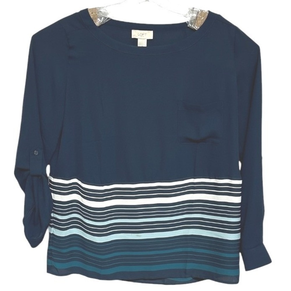 Loft Outlet Blouse Womens Medium Navy Blue Stripe Nautical Coastal Minimalist M
